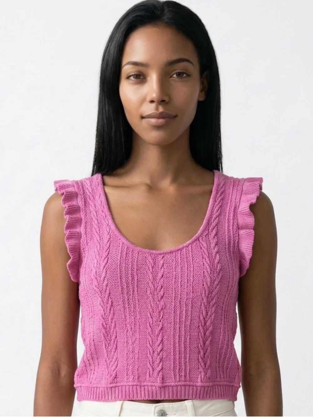 ZARA | Sleeveless Cable-Knit Ruffle Crop Top in Pink Women’s Size Large